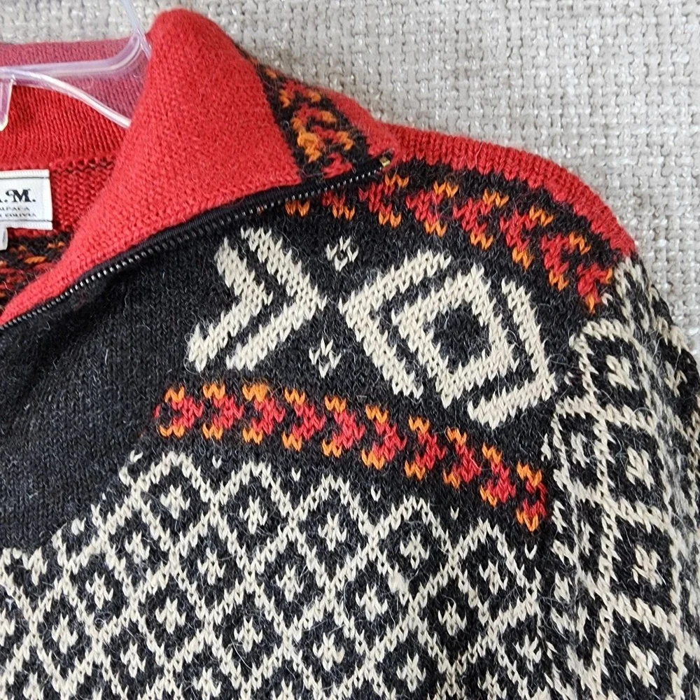 LAM 100% Alpaca 1/4 Zip Sweater Unisex M Multicolor Geo Alpine Pattern‎ Bolivia